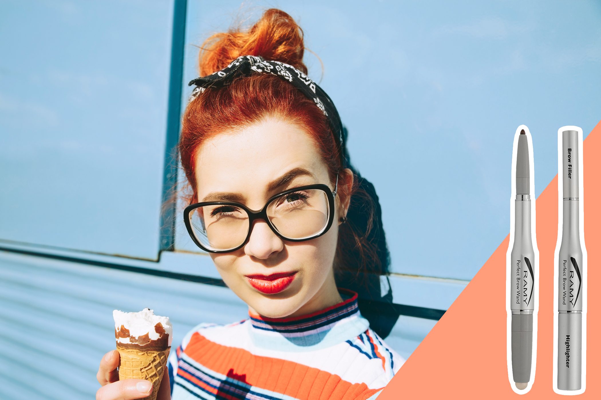 woman raising eyebrow under eyeglasses with inset of eyebrow pencil