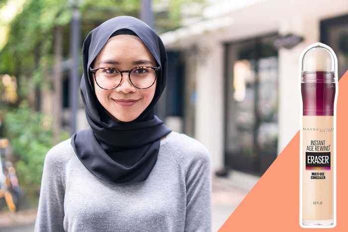woman in glasses with simple make up, with inset of concealer