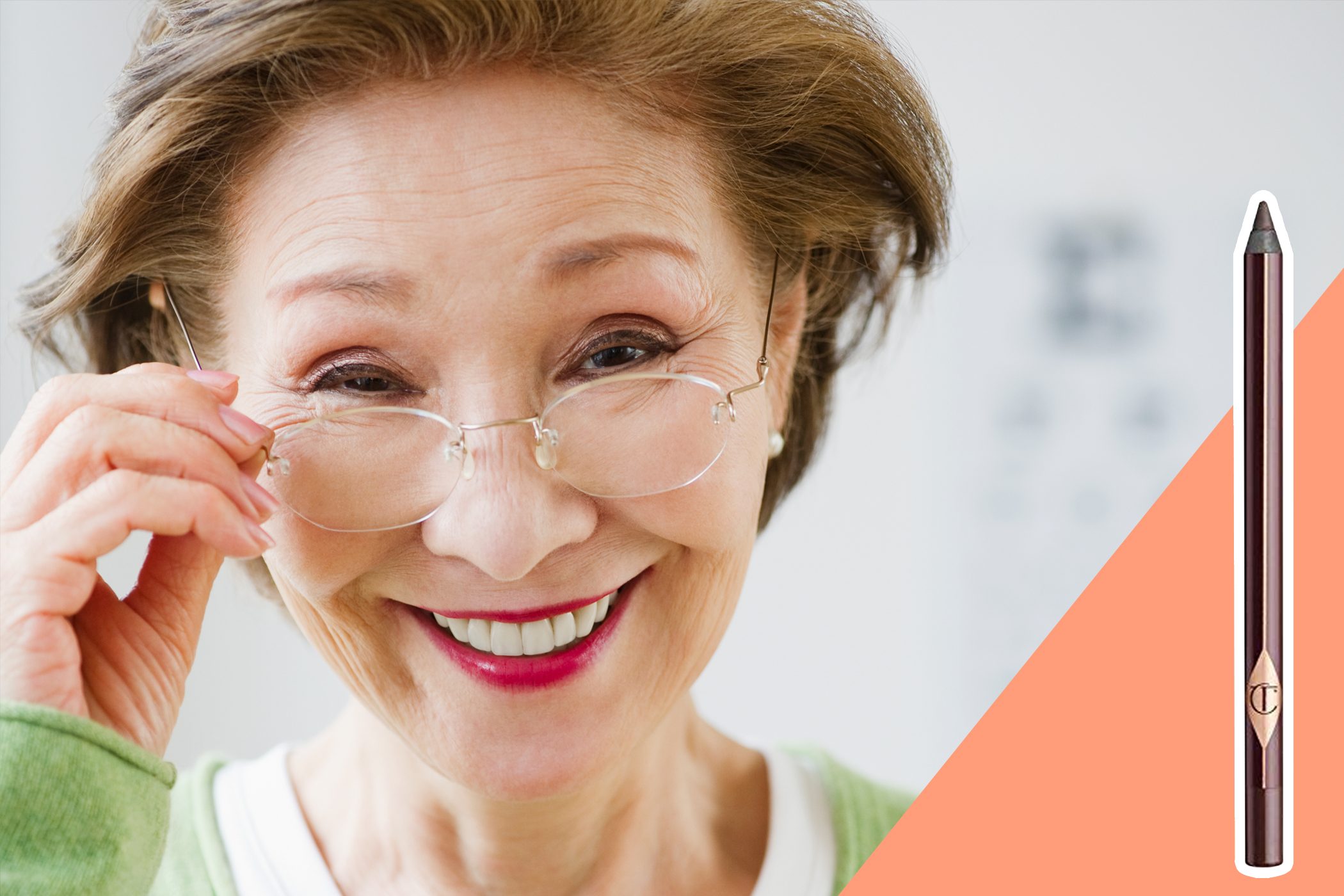 woman wearing glasses with inset of eyeliner