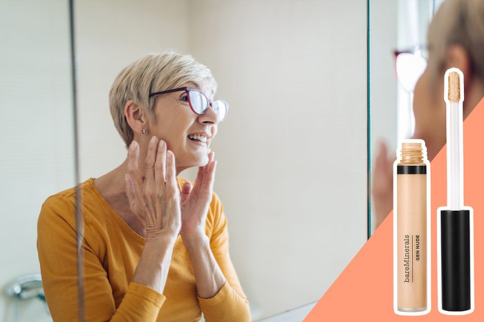 woman applying make up with glasses on with inset of concealer