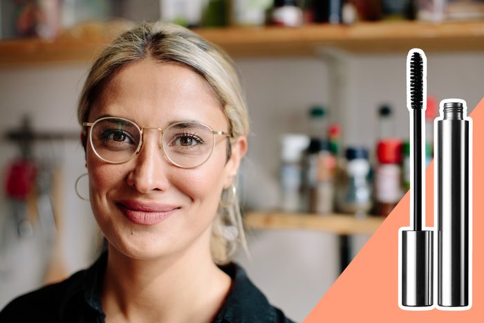 woman in glasses wearing Mascara, with inset of mascara