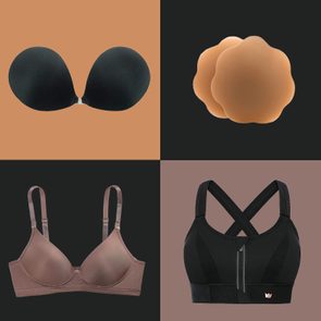 Four bras on multicolor tile background