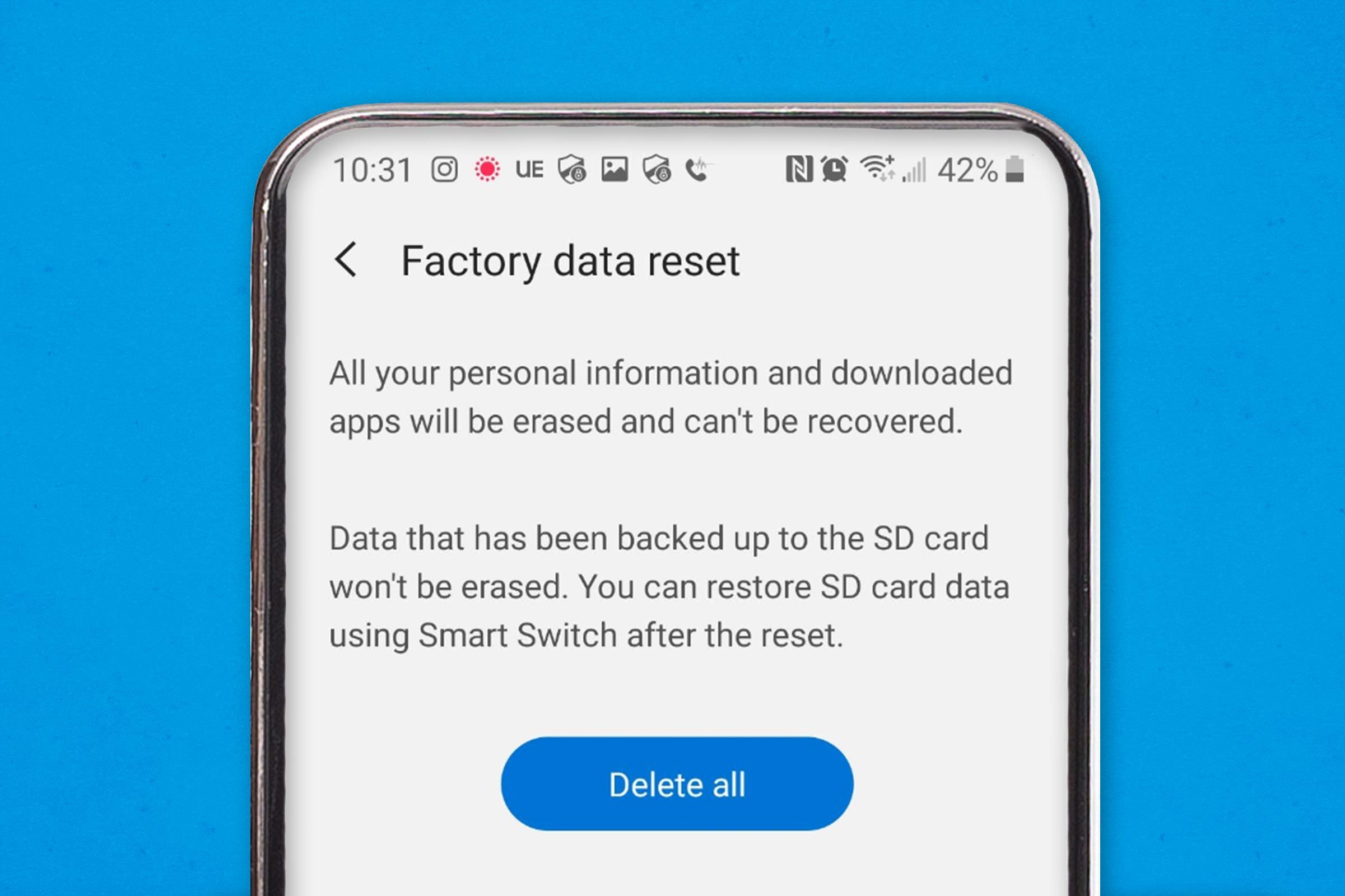 Android phone showing the factory reset settings menu