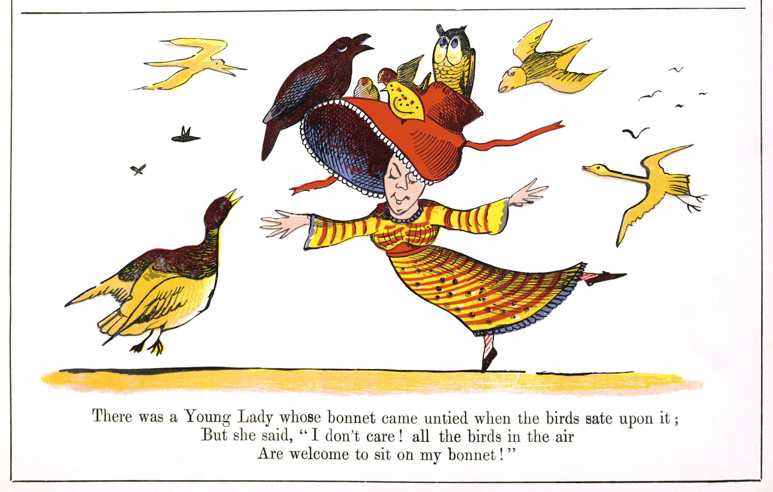 Mandatory Credit: Photo by Historia/Shutterstock (7665150oi) There Was A Young Lady Whose Bonnet Came Untied When the Birds Sate Upon It; But She Said: 'I Don't Care! All the Birds in the Air Are Welcome to Sit On My Bonnet!' First published: 1846 Historical Collection 79