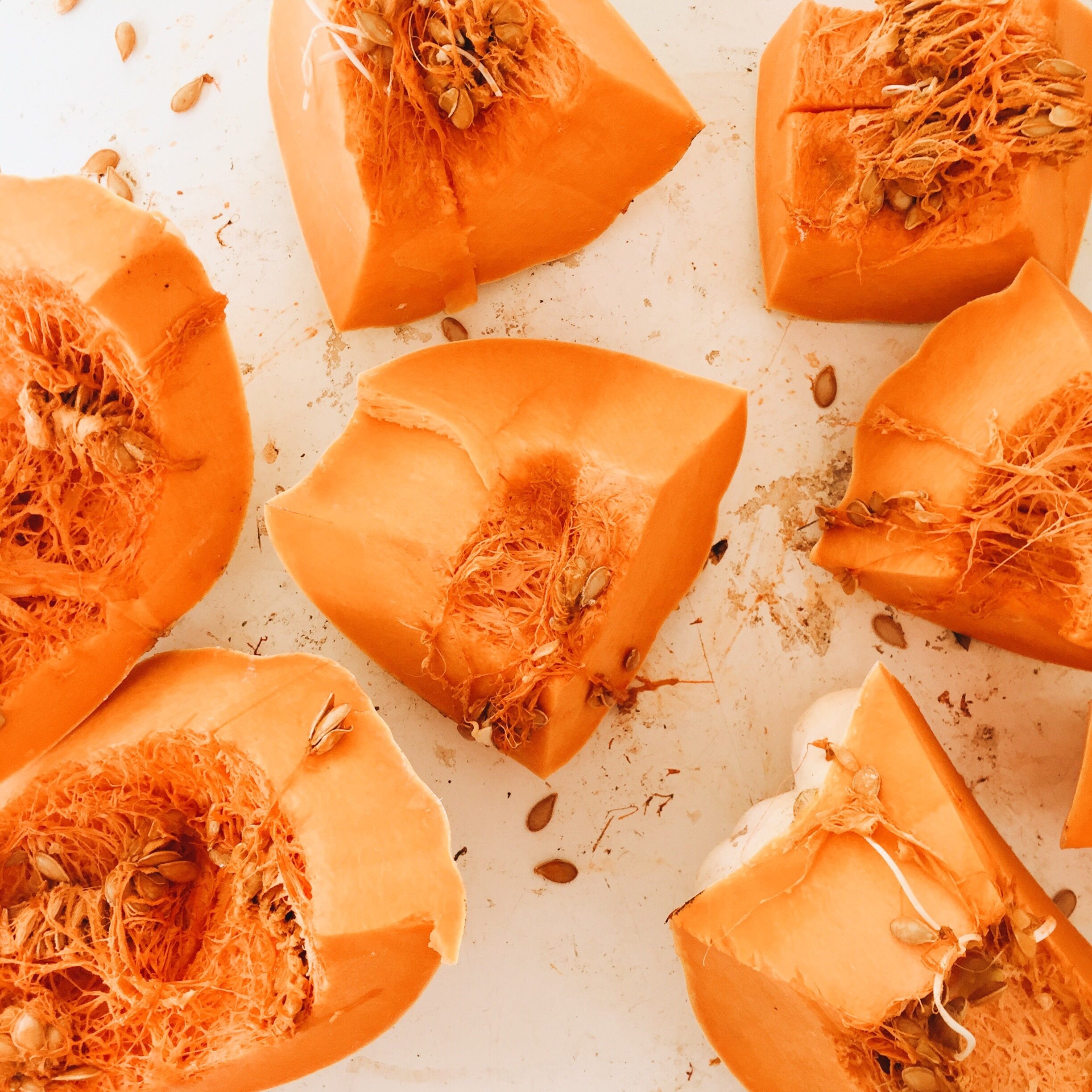 high angle close up of sliced up pumpkin