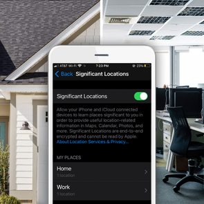 Split screen house and workplace with an iPhone showing a screen with a list of significant locations, work and home.