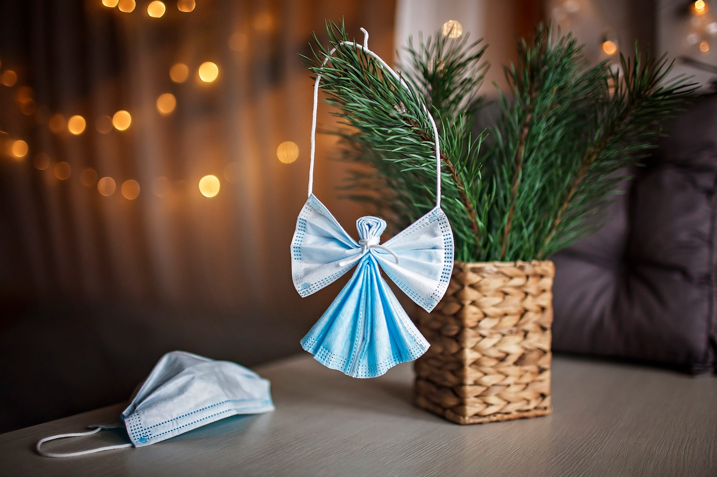 DIY angel made with medical face masks, zero waste Christmas tree decoration