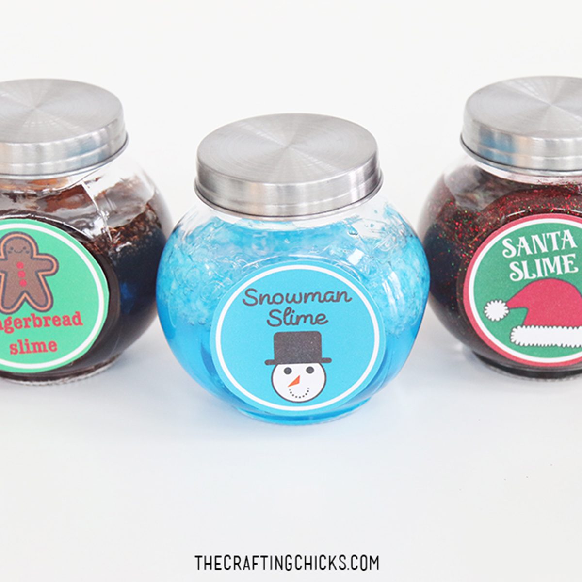 three bottles of christmas themed slime