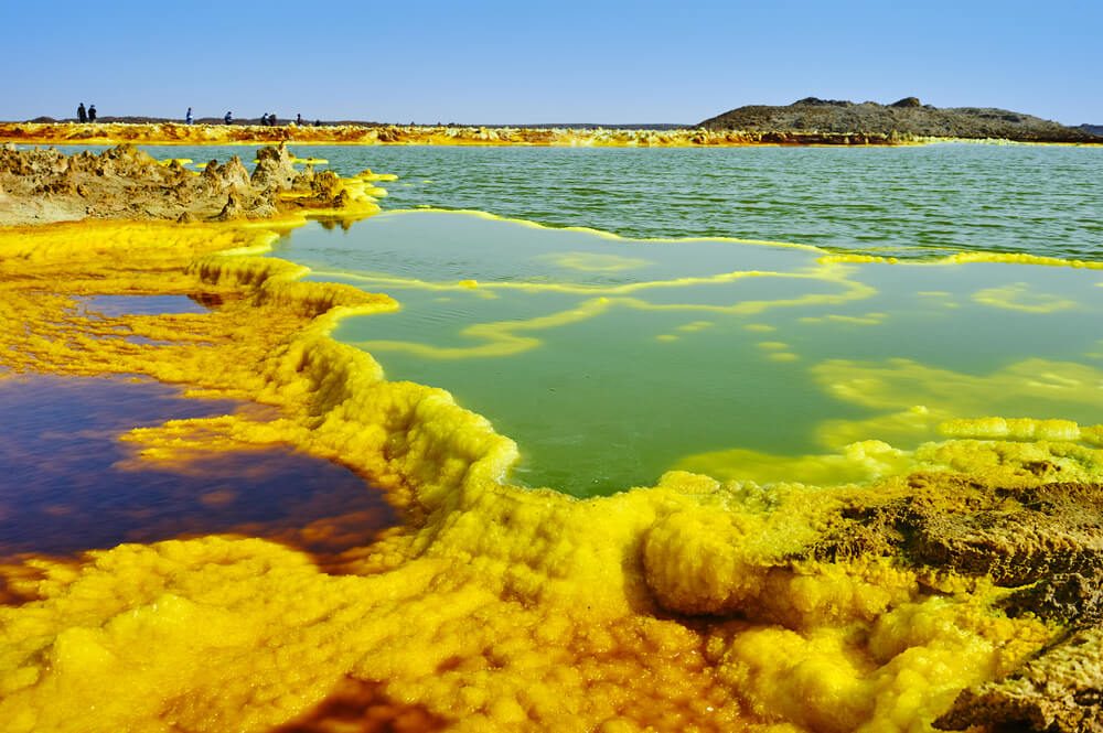 DANAKIL DEPRESSION, ETHIOPIA - SEPT 20, 2013: Inside the explosion crater of Dallol volcano, Danakil Depression, Ethiopia