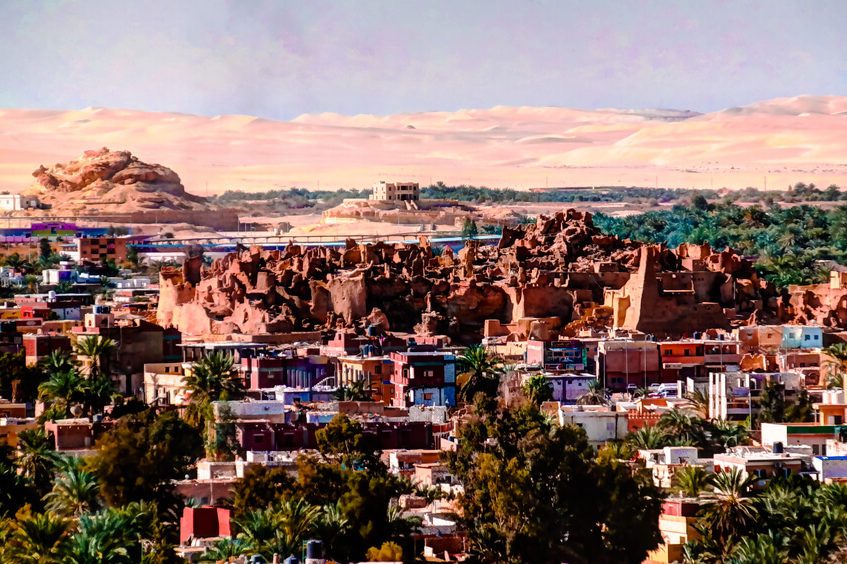 Panorama of old city Shali and mountain Dakrour at Siwa oasis, Egypt