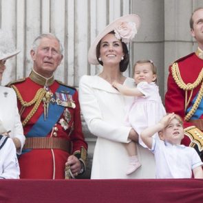 Camilla Duchess of Cornwall, Prince Charles, Catherine Duchess of Cambridge, Princess Charlotte of Cambridge, Prince George, Prince William watch the flypast from tha balcony of Buckingaham Palace