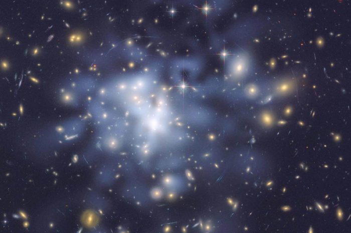 This NASA Hubble Space Telescope image shows the distribution of dark matter in the center of the giant galaxy cluster Abell 1689, containing about 1,000 galaxies and trillions of stars.