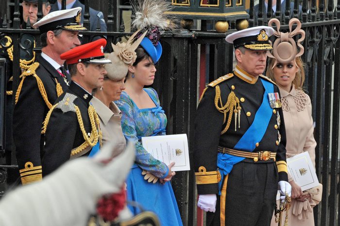 Marriage Of Prince William To Catherine Duchess of Cambridge At Westminster Abbey London. Pic Shows: Tim Laurence Prince Edward Countess Of Wessex Princess Eugenie Prince Andrew And Princess Beatrice. The Royal Wedding Of Prince William Of Wales To Catherine Duchess of Cambridge (kate Middleton) On 29th April 2011. Now Duke And Catherine Duchess of Cambridge. Pic Bruce Adams / Copy English - 29.4.11