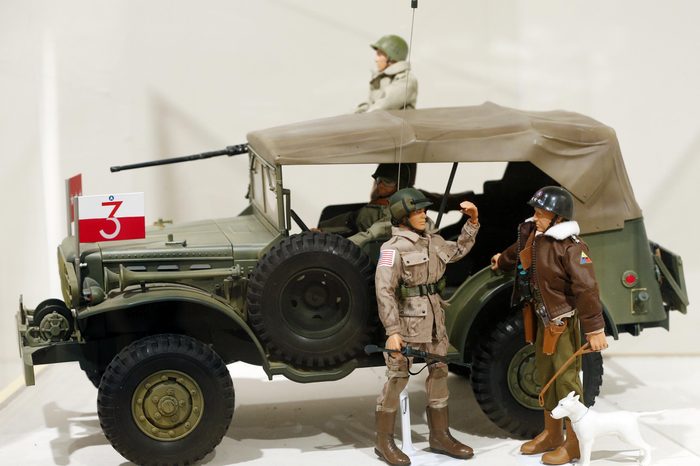 This photo shows a Gen. George Patton G.I. Joe action figure, right, and other G.I. Joes in a display at the New York State Military Museum in Saratoga Springs, N.Y. A half-century after the 12-inch doll was introduced at a New York City toy fair, the iconic action figure is being celebrated by collectors with a display at the military museum, while the toy's maker plans other anniversary events to be announced later this month