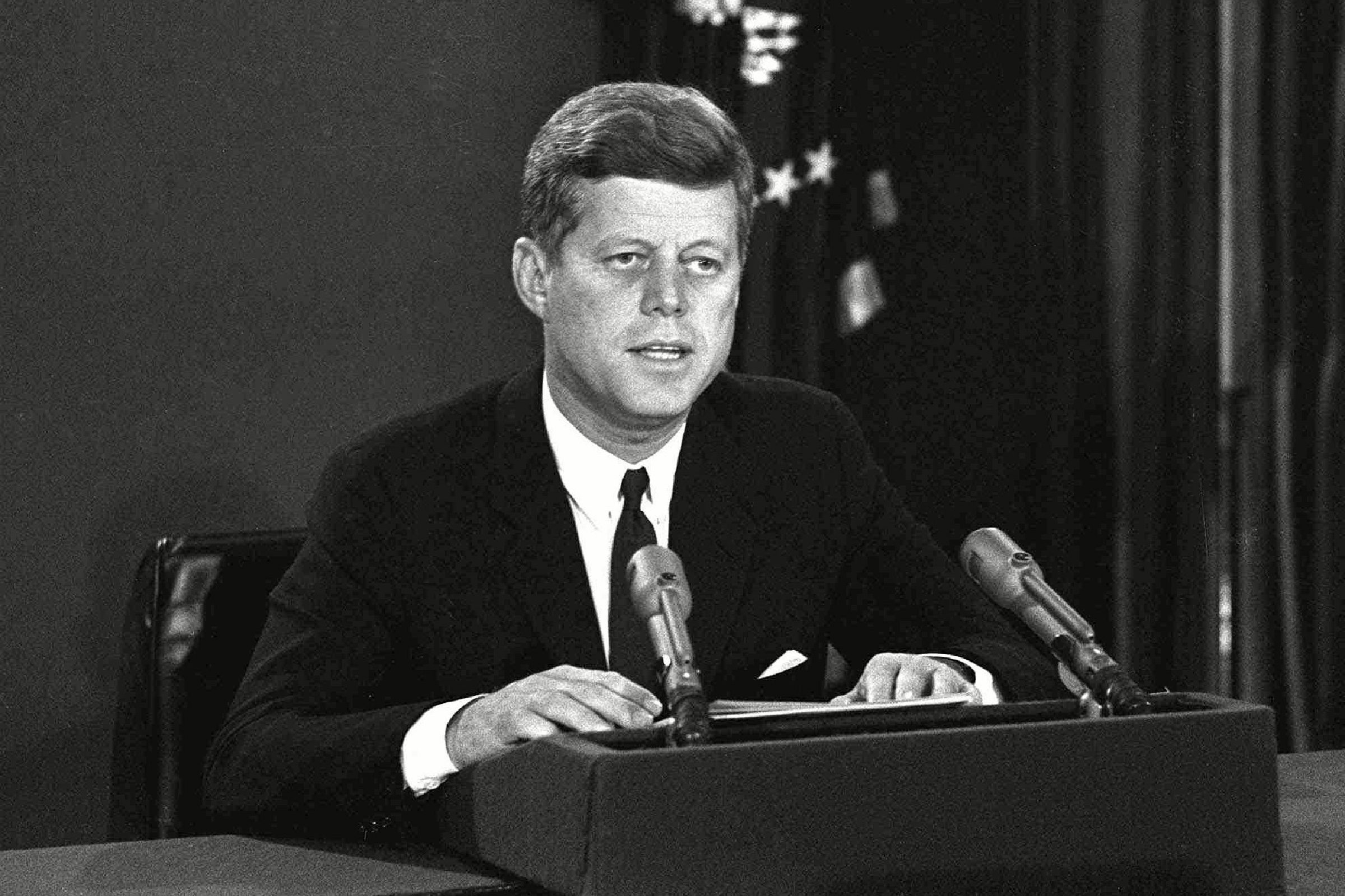 MISSILE SITE President John F. Kennedy makes a national television speech, from Washington. He announced a naval blockade of Cuba until Soviet missiles are removed