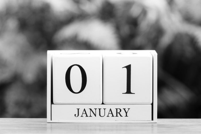 January 1st.Happy new year.Cube calendar on wooden table with Bokeh background.