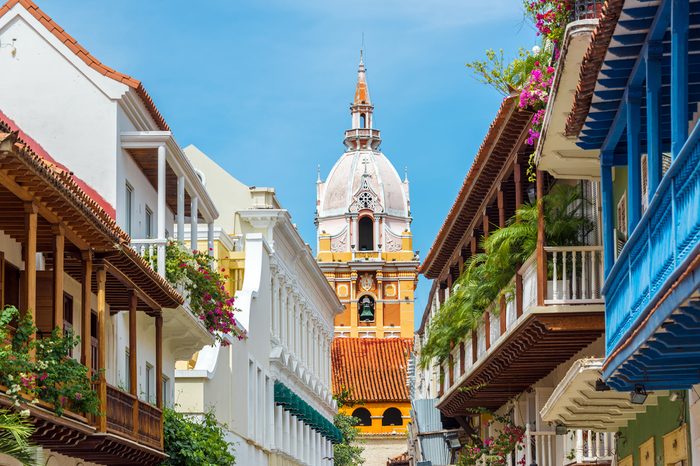 View of balconies leading to the stunning cathedral in Cartagena, Colombia