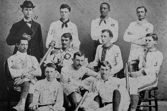 The first varsity baseball team of Oberlin College in Ohio poses for a group portrait in 1881. Moses Fleetwood Walker (no. 6 in the middle row) and his brother Weldy (no. 10) were the first blacks to play major league baseball for Toledo when Toledo was a major league team in 1884