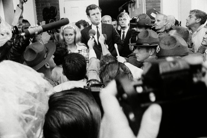 Sen. Edward Kennedy as he emerged from court in Edgartown, Mass., with his wife Joan after pleading guilty to leaving the scene of a fatal auto accident. He was given a two-month jail sentence, suspended on probation