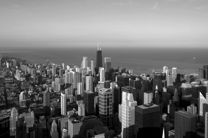 AERIAL VIEW OF THE JOHN HANCOCK CENTER OVER LOOKING LAKE MICHIGAN, CHICAGO, ILLINOIS, AMERICA - OCT 2004