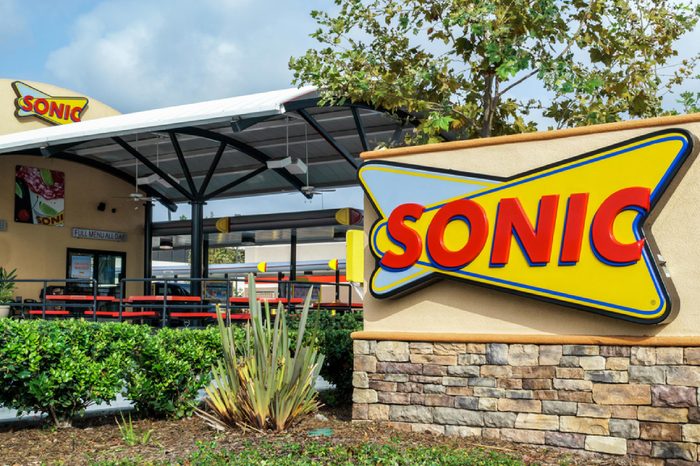 COSTA MESA, CA/USA - OCTOBER 17, 2015: Sonic Drive-In Restaurant exterior. Sonic Corp. is an American drive-in fast-food restaurant chain.