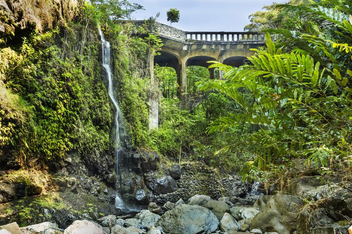 Bridge on the Hana Highway across the Wailua Nui Stream near the Upper Waikuni Falls on Maui Island in Hawaii.