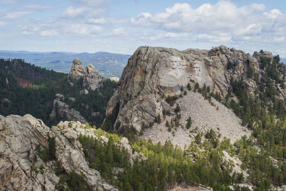 aerial view of Mount Rushmore on a cloudy spring morning