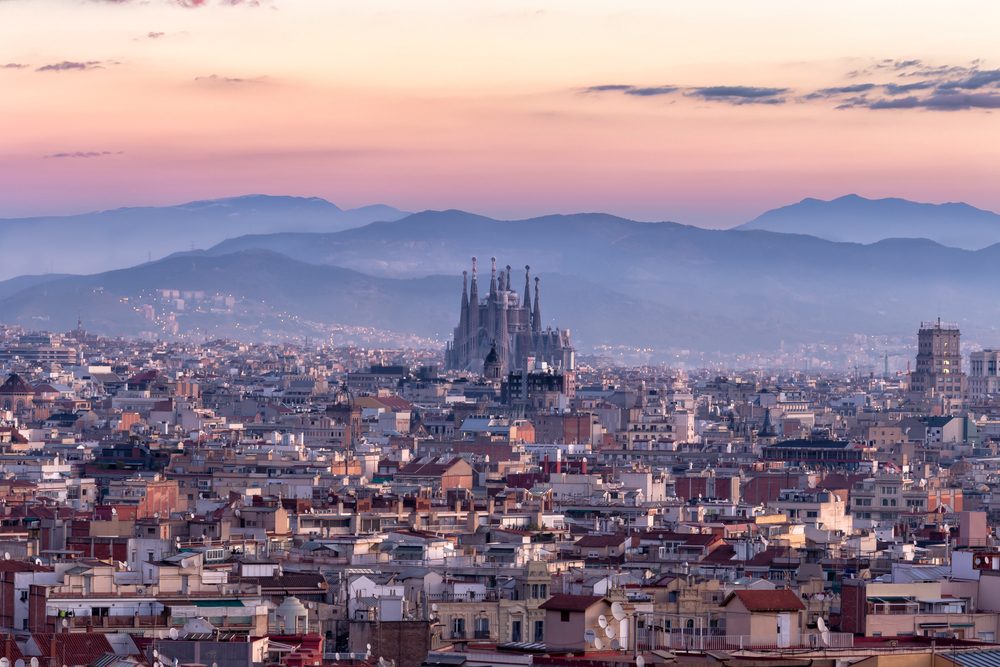 Sagrada familia and panorama view of barcelona city at dusk ,Spain