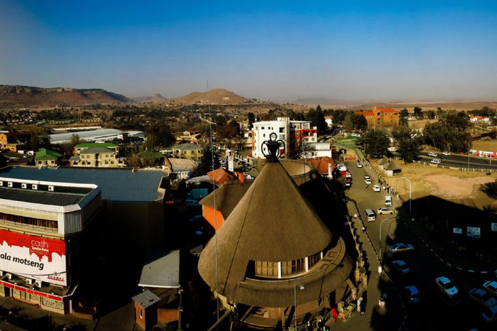 Souvenir shop in the form of traditional Basotho hat aka mokorotlo 28.08.2013 Maseru, Lesotho