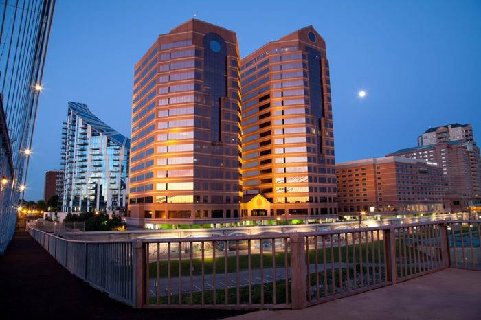 Covington, Kentucky, USA-June 14, 2013: towers in Covington next to the Ohio river during the blue hour. June 14, 2013 in Covington, Kentucky.