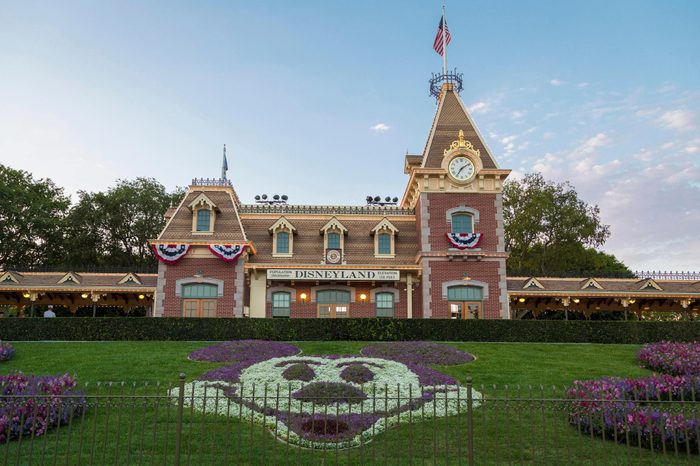 Disneyland Railroad Station, front Mickey mouse made out of flowers, Disneyland Resort, Anaheim, California, USA