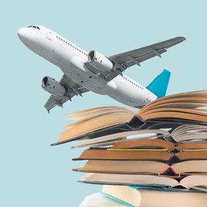 airplane taking off from books