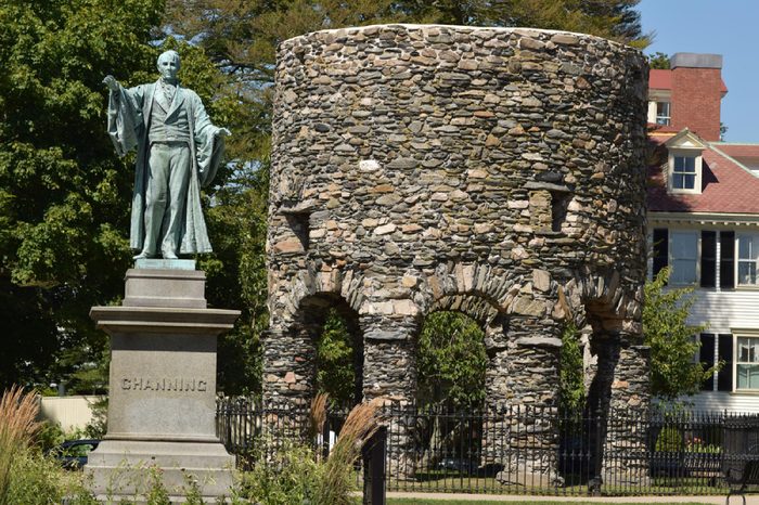 Newport Tower and Channing Statue, Tauro Park, Newport Rhode Island USA. Summer, 2016