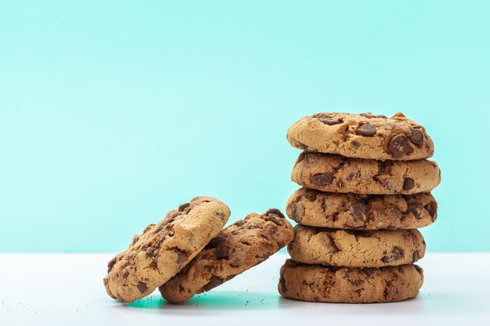 chocolate chunk cookies on a bright blue background 