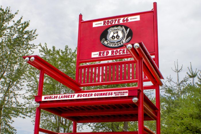 Fanning, Missouri, United States - circa June 2016 - Giant Red Rocker rocking chair on display at Fanning 66 Outpost on famous Route 66