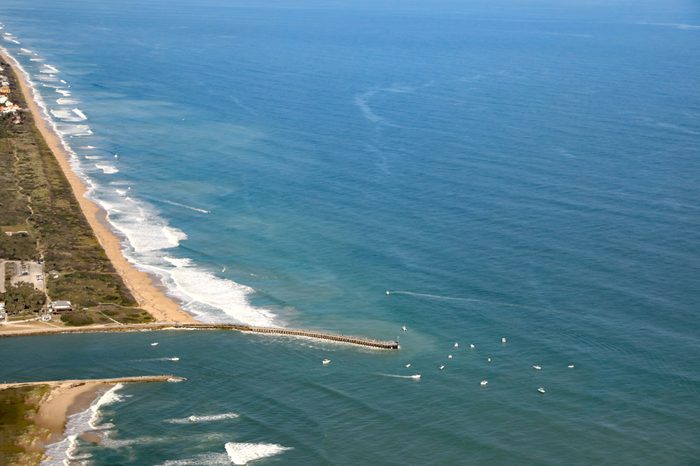 Aerial view of the Sebastian Inlet, Florida and the breakwater.