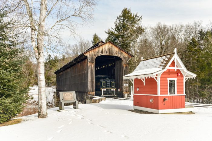 Lincoln, New Hampshire - February 15, 2016: Clark's Trading Post Covered Bridge in Lincoln, New Hampshire.