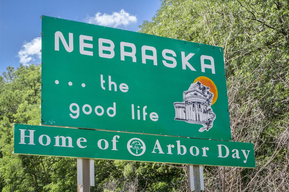 Nebraska , the good life, home of Arbor Day - roadside welcome sign at state border