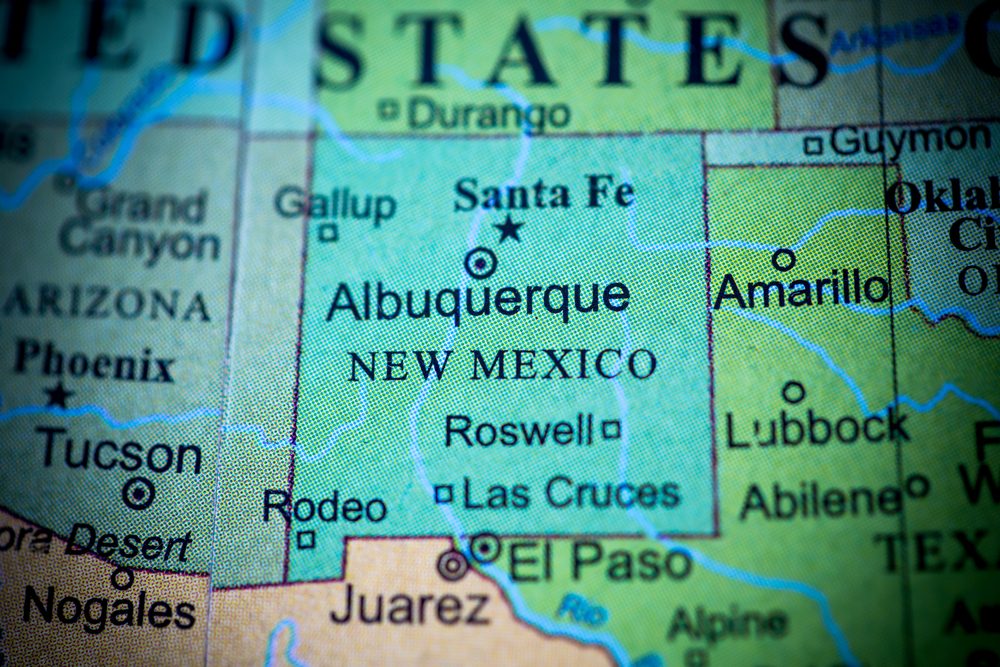 Map view of New Mexico on a geographical globe. (vignette)