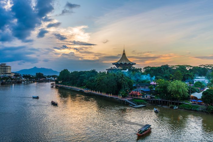 The Sarawak River (Sungai Sarawak), a river in Sarawak, Malaysia, flows through Kuching City Center. Perahu Tambang (seen here) is used to cross the river to get to the other side.