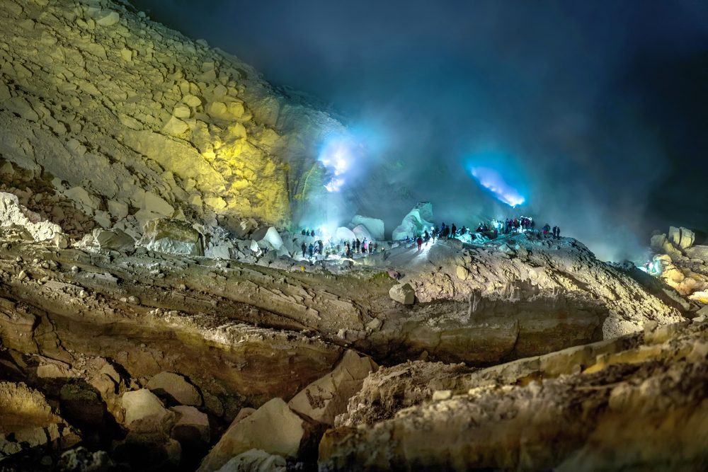 Blue fire of Mount Ijen , Blue Flame in Kawah Ijen volcano, Popular landmark in East Java,Indonesian.