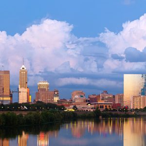 Indianapolis skyline at sunset after thunderstorm.
