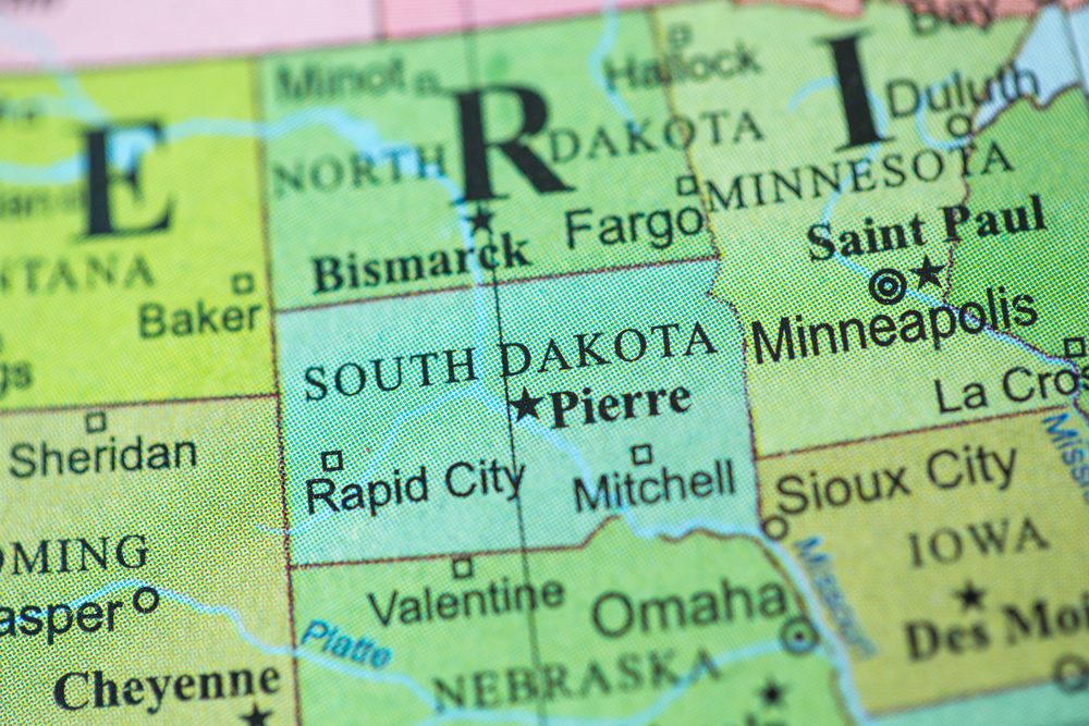 Map view of South Dakota on a geographical globe.