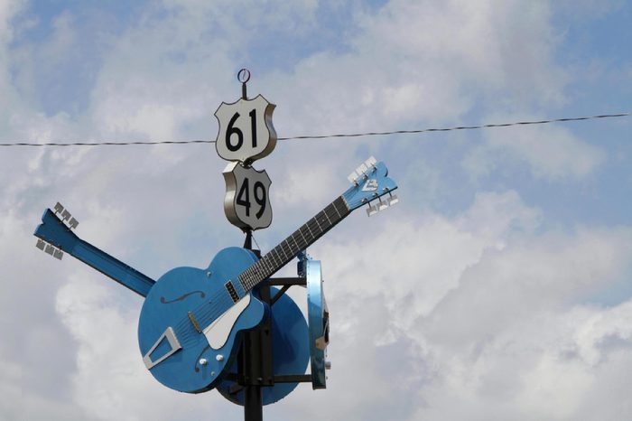 CLARKSDALE, MISSISSIPPI, May 8, 2015 : Guitars show the junction of US 61 and US 49 often designated as the famous crossroads where, according to legend, Robert Johnson sold his soul to the Devil