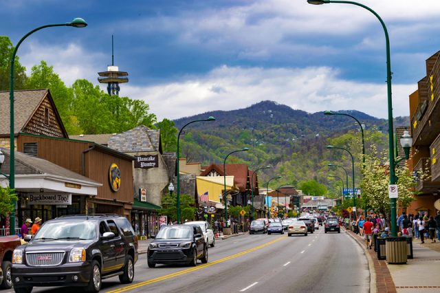 Gatlinburg, TN; April 16, 2017: A shot of a main street in Gatlinburg, Tennessee.