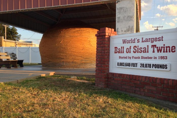 Cawker City, KS / USA - September 28, 2015: The world's largest ball of sisal twine sits proudly under a protective canopy in Cawker City, KS.