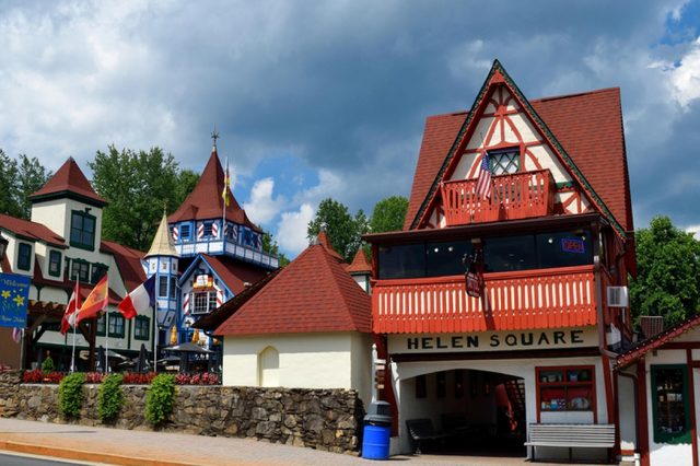 HELEN, GEORGIA, USA - AUGUST 22, 2017: Helen, Georgia is located in White County and is a replica of a Bavarian Alpine town. The city is well known for its Oktoberfest from September to November.