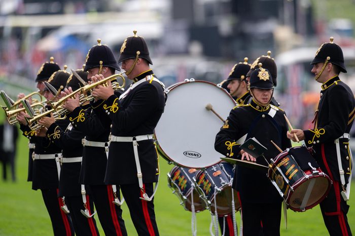 The band of The Royal Logistics Corps playing on the track at the arrival of HM The Queen