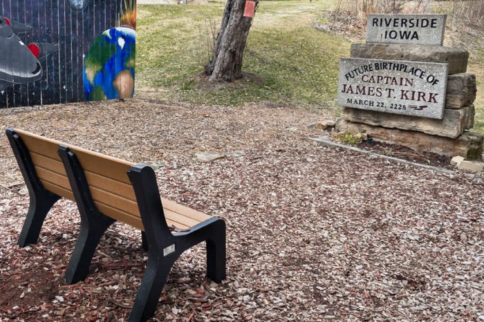 RIVERSIDE, IA/USA - APRIL 8. 2018: "Future Birthplace of Captain James T. Kirk" (a.k.a. William Shatner) and the Enterprise NCC-1701 from the TV science fiction series "Star Trek" tribute.