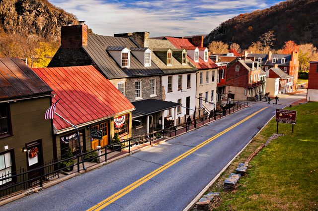 Historic buildings and shops on High Street in Harper's Ferry, West Virginia.